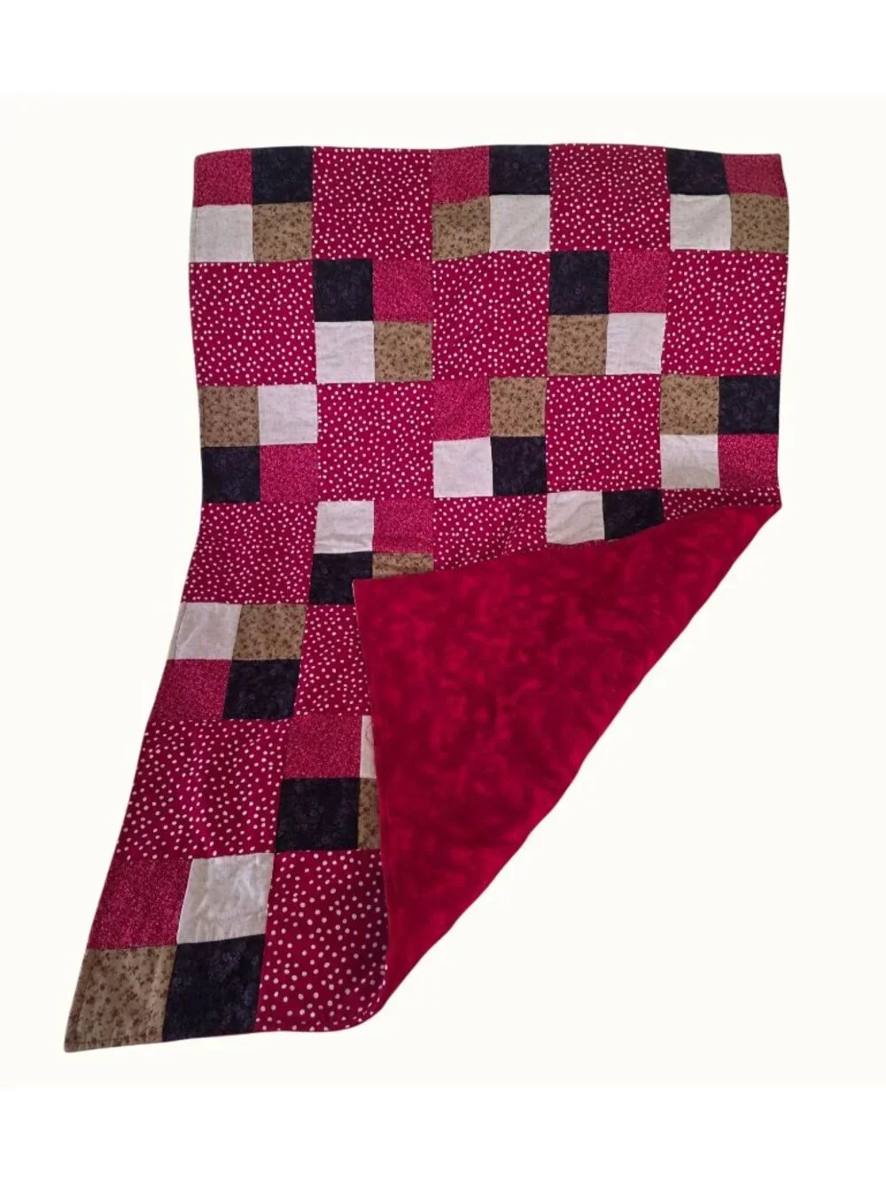 Handmade Patchwork Quilt Small Throw Red Multi Floral Polka Dot 35 x 48